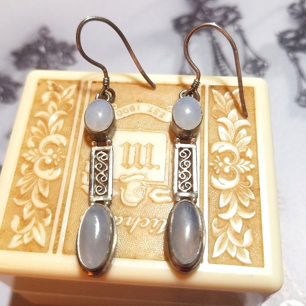 VTG Moonstone Long Sterling Silver Filigree Artisan Earrings
